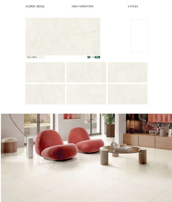 Aldrin Beige porcelain tile — 24×48 in, high variation, 6 faces