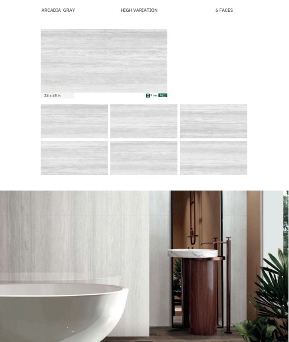 Arcadia Gray porcelain tile — 24×48 in, high variation, 6 faces