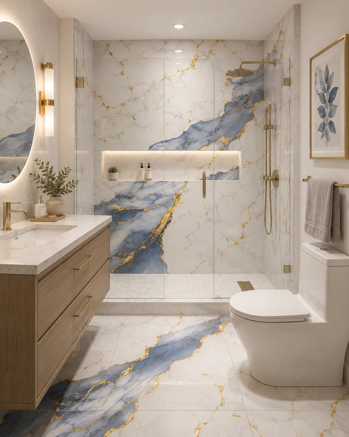 Luxury bathroom render with marble and gold veining porcelain tile