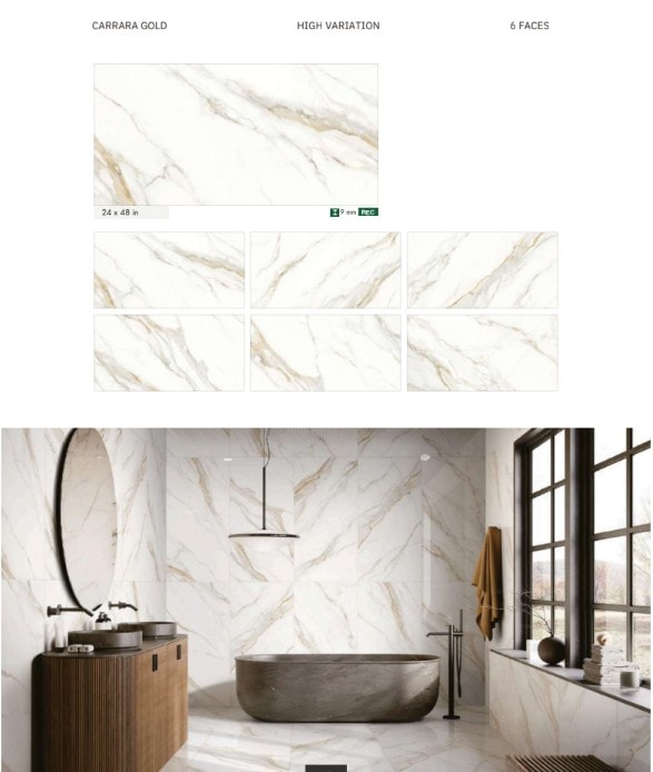 Carrara Gold porcelain tile — 24×48 in, high variation, 6 faces