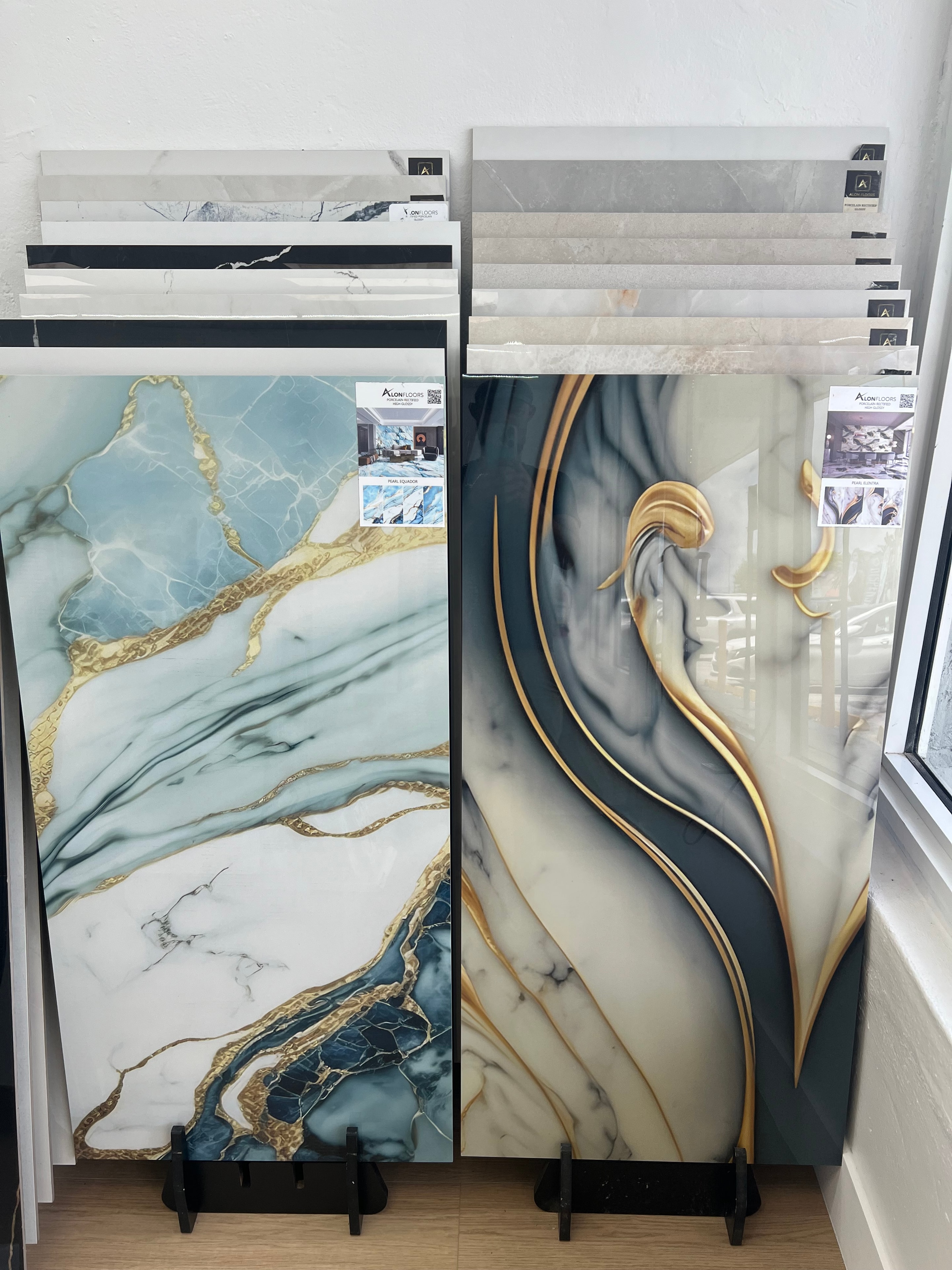 Decorative porcelain tile samples in showroom