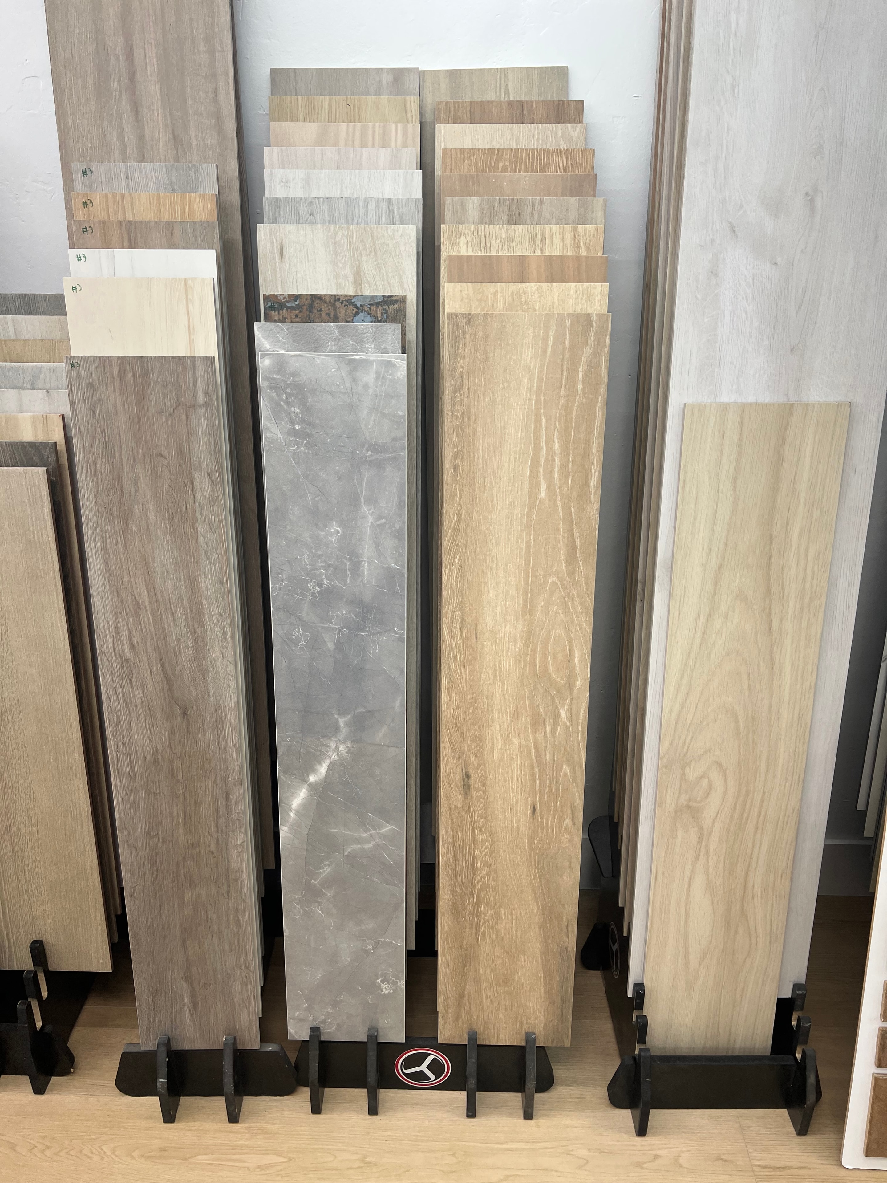 Porcelain flooring tile samples on showroom display
